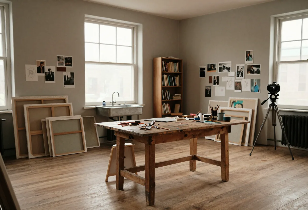 Late afternoon art studio, warm muted hues, photographer's guide to post-processing.
