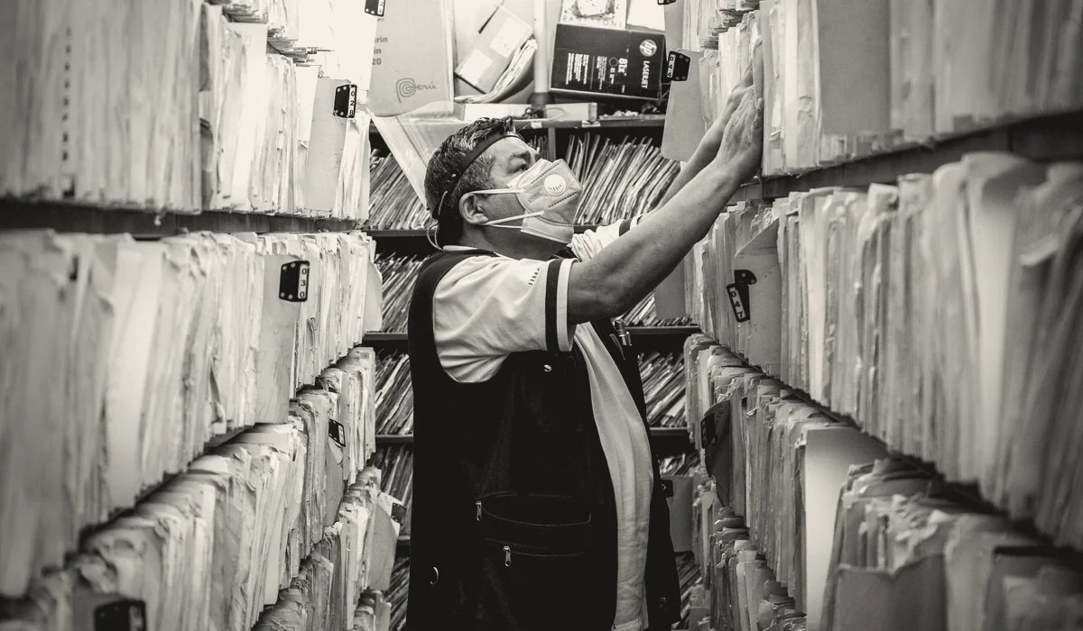 Shelved files and documents in an office.