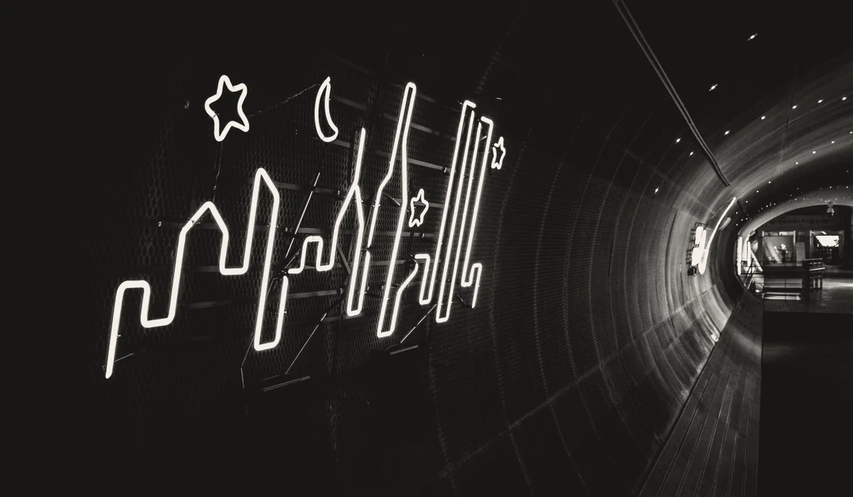 A light installation across a building at night.